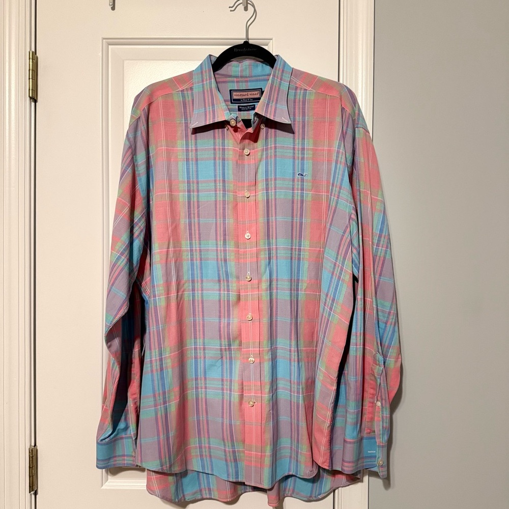 Vineyard Vines Men’s Whale Shirt – Pastel Madras Plaid XL 100% Cotton